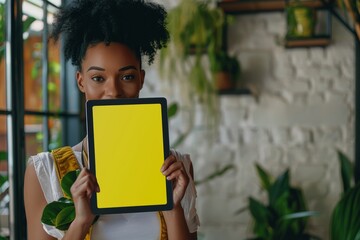 Ui mockup afro-american woman in her 30s holding a tablet with an entirely yellow screen