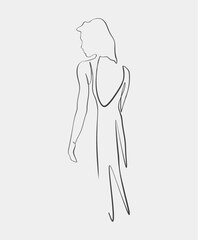 Elegant minimalist line art of a woman in a flowing dress, capturing graceful movement and simplicity in design.