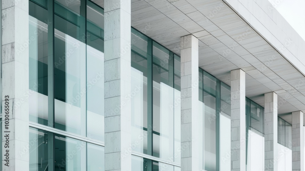 Poster a gleaming modern museum with a sleek white facade featuring simple classical elements such as symme