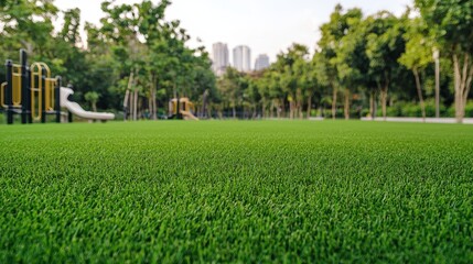 Vibrant green grass in an urban park setting, showing a peaceful outdoor environment.