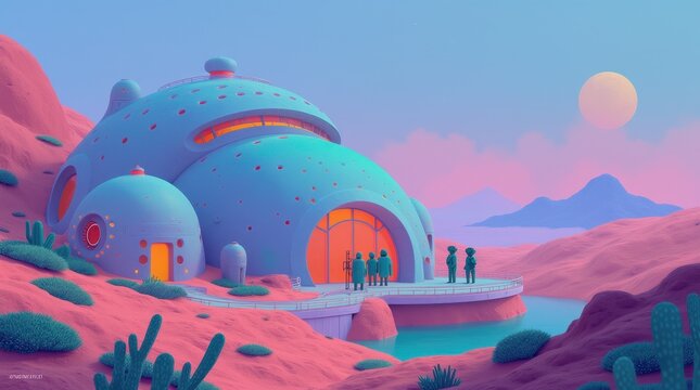 A detailed image of a futuristic colony on a distant planet, surrounded by strange alien landscapes with towering, otherworldly rock formations. The colony consists of sleek, dome-shaped buildings wit