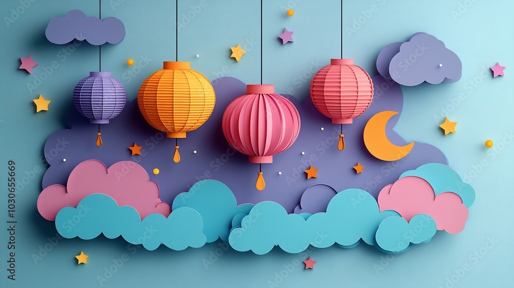 Poster playful paper cut style banner filled with vibrant lanterns stars and crescent shapes in a cheerful 