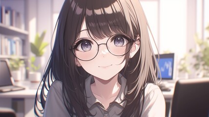 Fototapeta premium オフィスで仕事をするアニメ調の日本人美少女