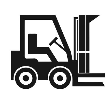 recommend clip art: Vector illustration of a cargo transportation forklift, featuring a black and white realistic modern look. Forklift truck outline and icon.