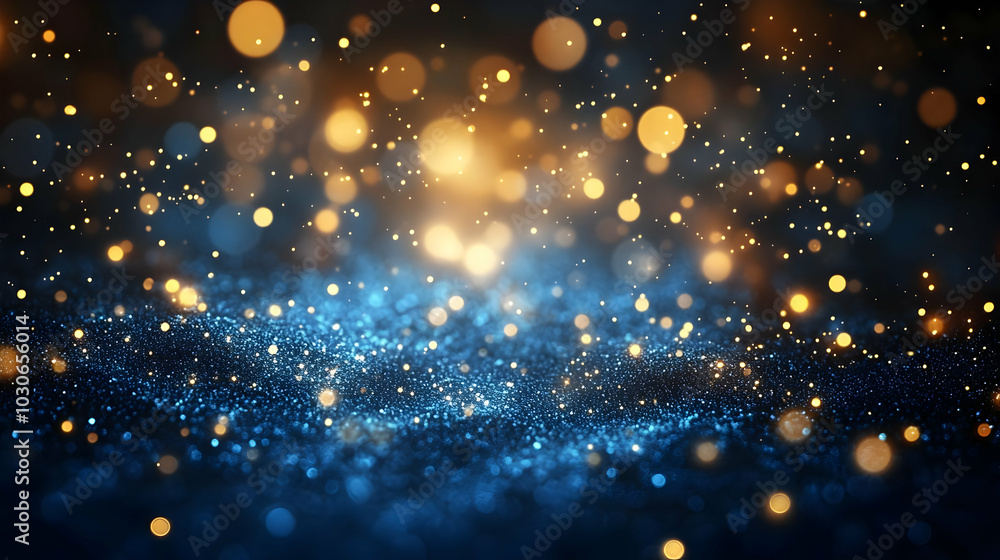 Poster a shimmering abstract background with golden and blue bokeh lights.