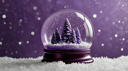 Christmas purple snow globe with mini landscape, snow and snow trees.