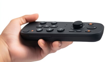 Close up of remote control for television and air conditioner held by a person on transparent white background