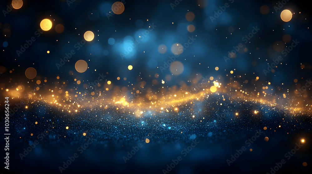 Poster a shimmering blue and gold abstract background with glowing particles.