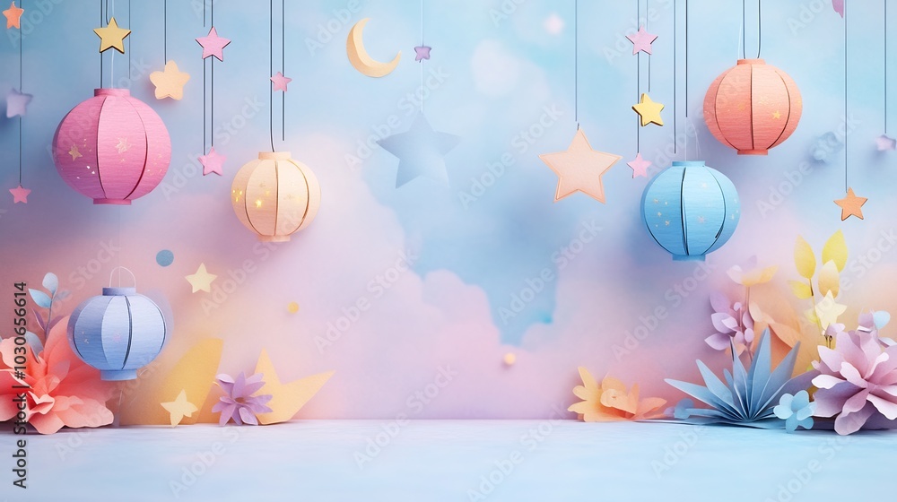 Poster playful paper cut style banner filled with vibrant lanterns stars and crescent shapes in a cheerful 