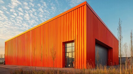 Fototapeta premium Vibrant orange industrial building under a clear sky