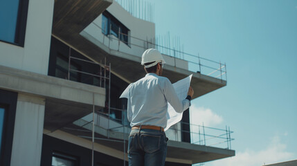 Architect reading blueprint at construction site