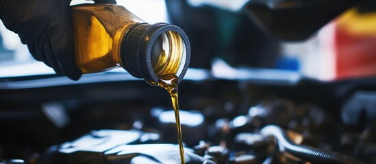 Closeup of a hand pouring engine oil into a car engine.