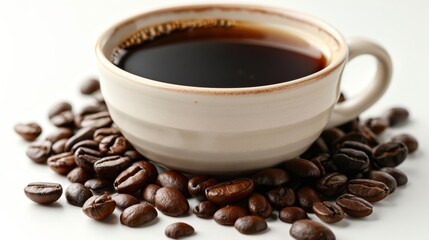 Fototapeta premium Cup of coffee with coffee beans around. Aromatic beverage, caffeine and energy, coffee shop concept