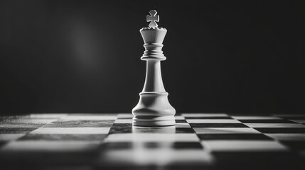 A white chess king stands on a chessboard in a spotlight.
