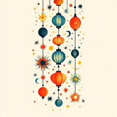 Playful paper cut style banner showcasing whimsical lanterns and stars in vibrant hues arranged in a cheerful pattern on a light yellow background with room for text at the bottom