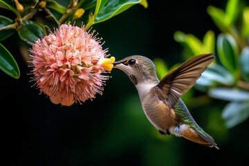Fototapeta premium Young hummingbird sipping nectar from a bright flower