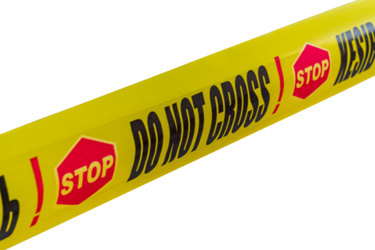 A stretched yellow signal tape with a hexagonal STOP sign, a red exclamation mark, and the inscription DO NOT CROSS written in black isolated on transparent background, blank for art work