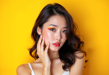 Fototapeta premium Confident Woman with Colorful Makeup on Yellow Background
