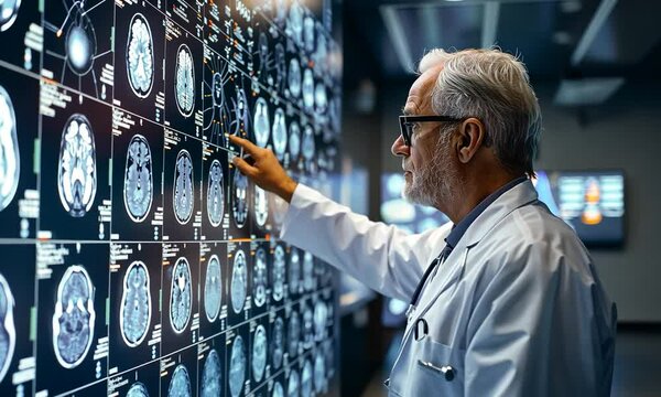 A seasoned neurologist carefully analyzes a wall of brain scans, deeply focused on identifying key details in a state-of-the-art medical facility at night