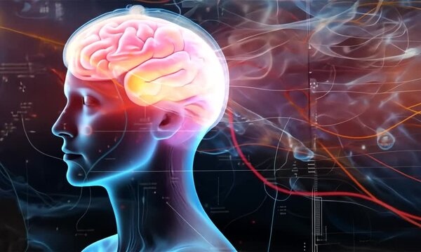 Witness an imaginative portrayal of the human brain where thought and emotion intertwine, showcasing a colorful flow of energy and ideas in a mesmerizing display