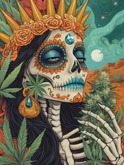 A skeletal figure adorned with a golden crown and cannabis flowers