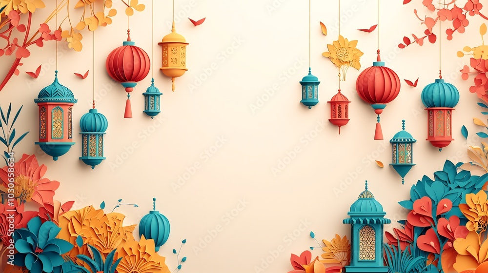 Aufkleber playful paper cut style banner adorned with various lanterns and islamic patterns illustrated in bri