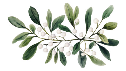 Naklejka premium Elegant botanical illustration featuring mistletoe leaves and white berries, perfect for holiday decor and seasonal designs on a transparent background.