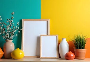 Mock up poster frame on cabinet in interior/green wall.3d rendering
