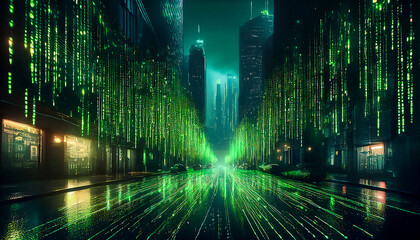 Obraz premium Night rain in the form of binary code in green color, on the empty streets of a modern city