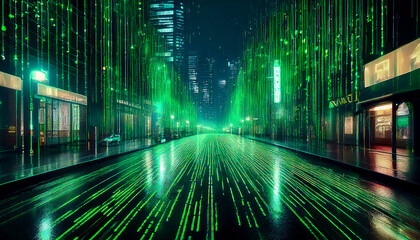 Night rain in the form of binary code in green color, on the empty streets of a modern city