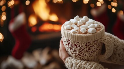 A closeup of hands holding a cup of hot chocolate with marshmallows