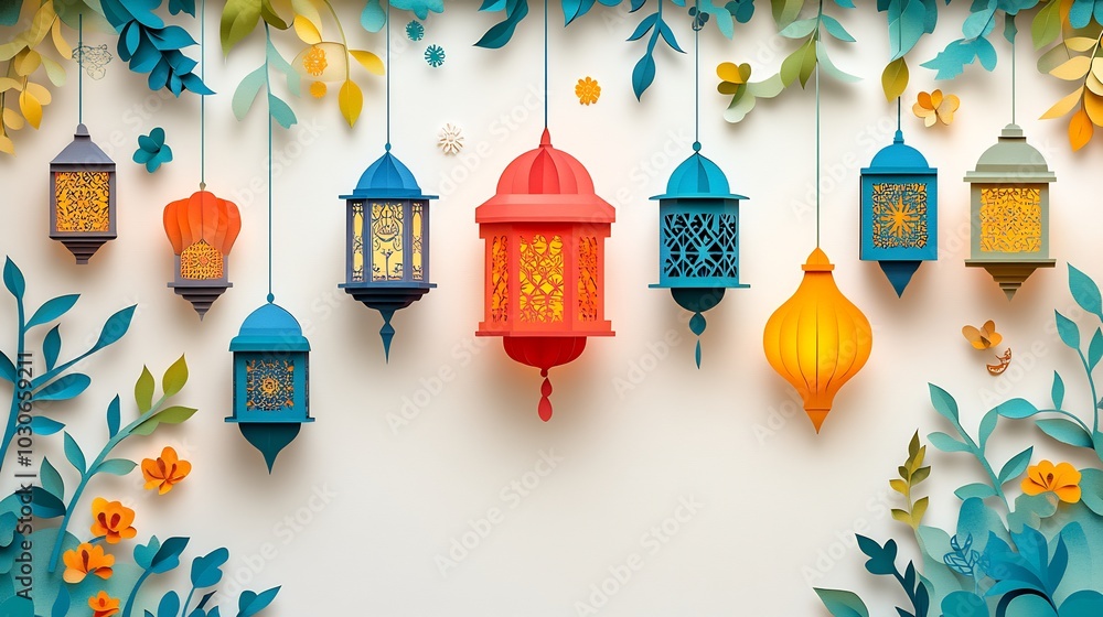 Poster playful paper cut style banner adorned with various lanterns and islamic patterns illustrated in bri