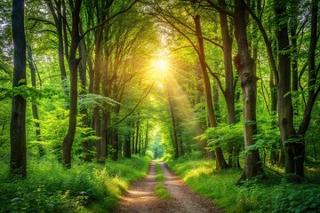 Fototapeta premium Idyllic forest pathway through dense greenery, tranquil woodland scene with sun-dappled trees and verdant underbrush