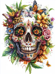 A beautifully decorated skull surrounded by blooming flowers and butterflies