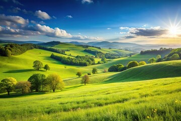 Idyllic meadow with rolling hills and clear blue sky at eye level