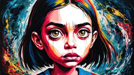 An expressive portrait of a girl with exaggerated features, capturing her emotions and personality through bold, dramatic lines and vibrant colors