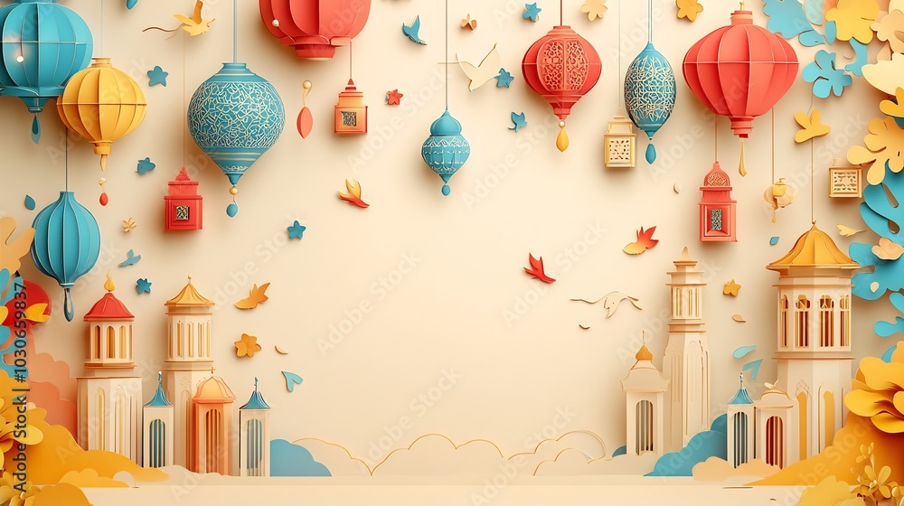 Aufkleber playful paper cut style banner adorned with various lanterns and islamic patterns illustrated in bri