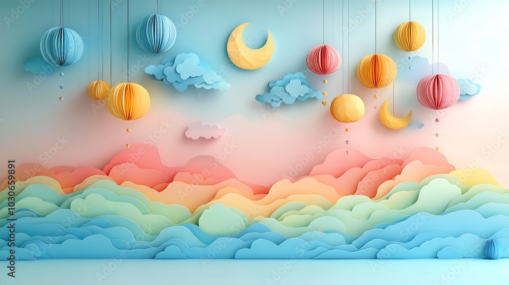 Poster playful paper cut style design showcasing a cluster of lanterns and crescent moons crafted in bright
