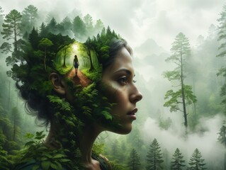 portrait of a woman with a tropical forest visible, relaxation concept