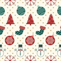 Christmas seamless pattern. Snowflakes,  Christmas ball and ornaments background design for decoration on Christmas card, banner, wrapping, wallpaper, textile, fashion.