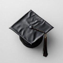 Black graduation cap with tassel on white background symbolizing academic achievement and celebration