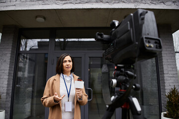 A multiracial woman in a beige coat stands confidently with a microphone, ready to report the news.