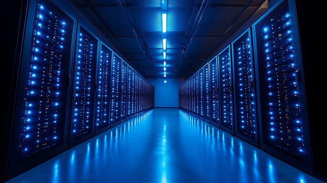 Empty modern server room / data center with computers running