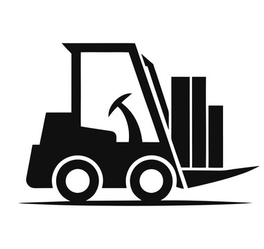 recommend clip art: Vector illustration of a cargo transportation forklift, featuring a black and white realistic modern look. Forklift truck outline and icon.