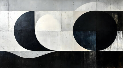 Abstract geometric mural featuring black and white circular shapes.