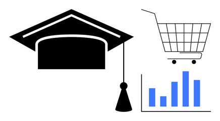 Cap with tassel next to cart and graph. Ideal for education themes, online shopping, data analysis, graduation concepts, business studies, and academic commerce. Minimalist vector style using black