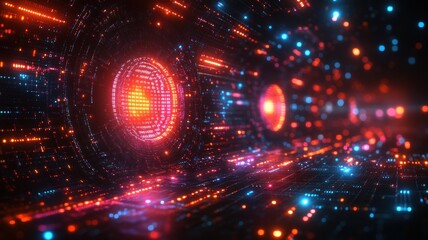 Obraz premium Abstract digital landscape with vibrant lights and patterns.