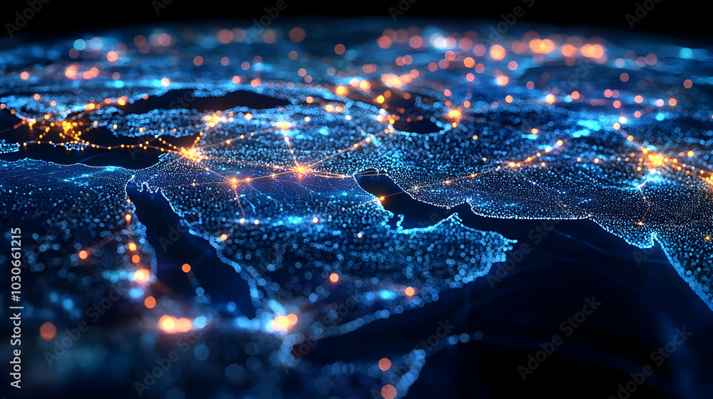 Poster a digital representation of a glowing map of the middle east.