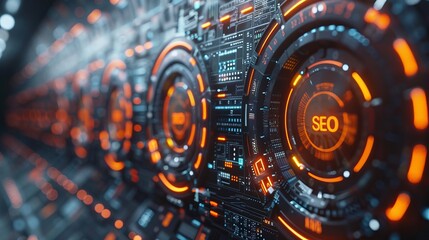 Futuristic Technology Background, Glowing SEO Inscription, Circle Interface, HUD Design Concept