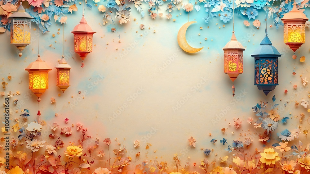 Poster playful paper cut style scene filled with whimsical lanterns and crescent moons arranged in a colorf